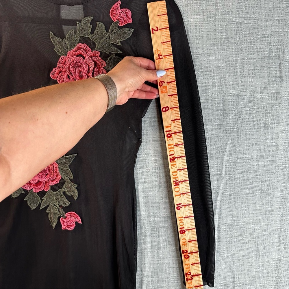 Love J Black Mesh Mini Dress Long Sleeve Pink Rose Embroidery Mock Neck Small - Picture 15 of 16